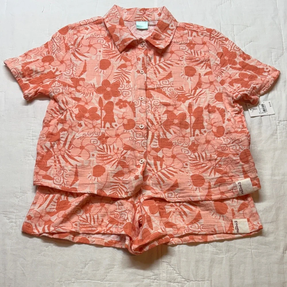 NWT Disney Moana 2‎ Girls XL 14 Cotton Gauze Play Set Shirt Shorts Coral